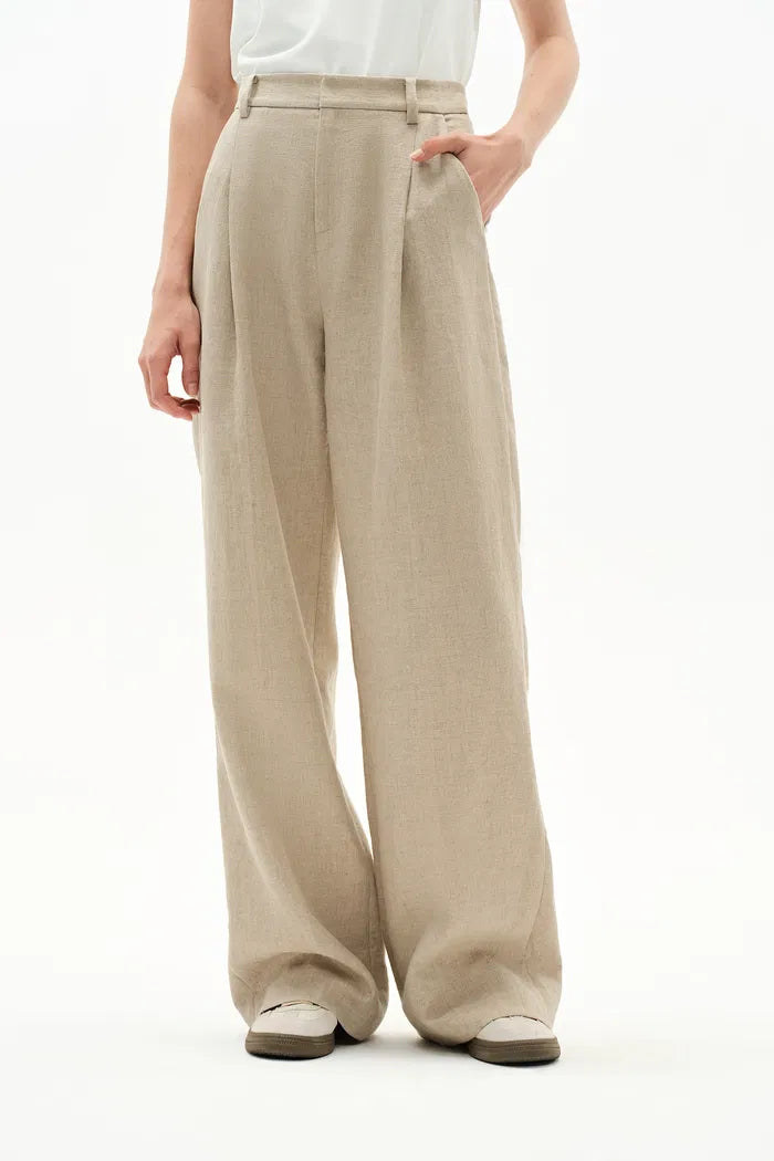 Troy Front Pleated Wide Leg Suit Pants in in Dew Retted French Linen