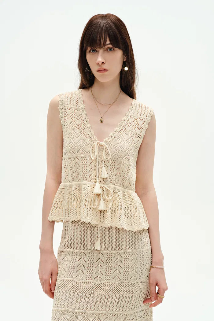 Grazia Sleeveless Ruffled Hem Top and Skirt Set in Linen Blend Knit