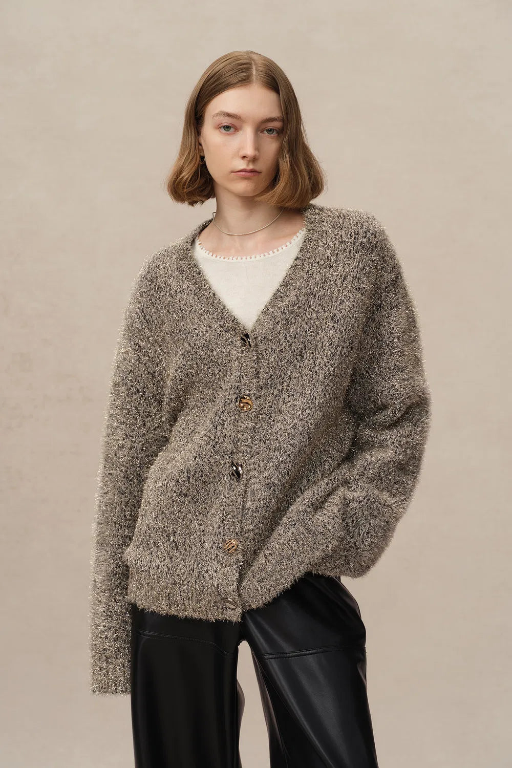 Eva Metallic Thread Cardigan in Wool-Cashmere Blend Knit