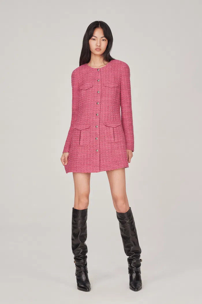 Laurencin Barbie Pink Long Sleeve Short Dress in Tweed