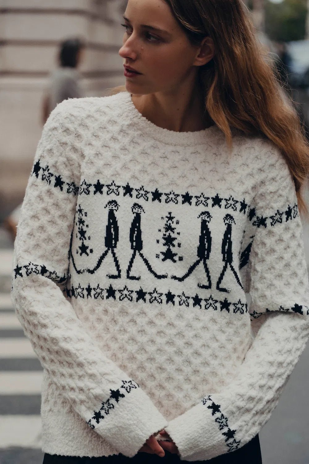 Star Walker White Fair Isle Pullover in Wool Pom-Pom Yarn Knit