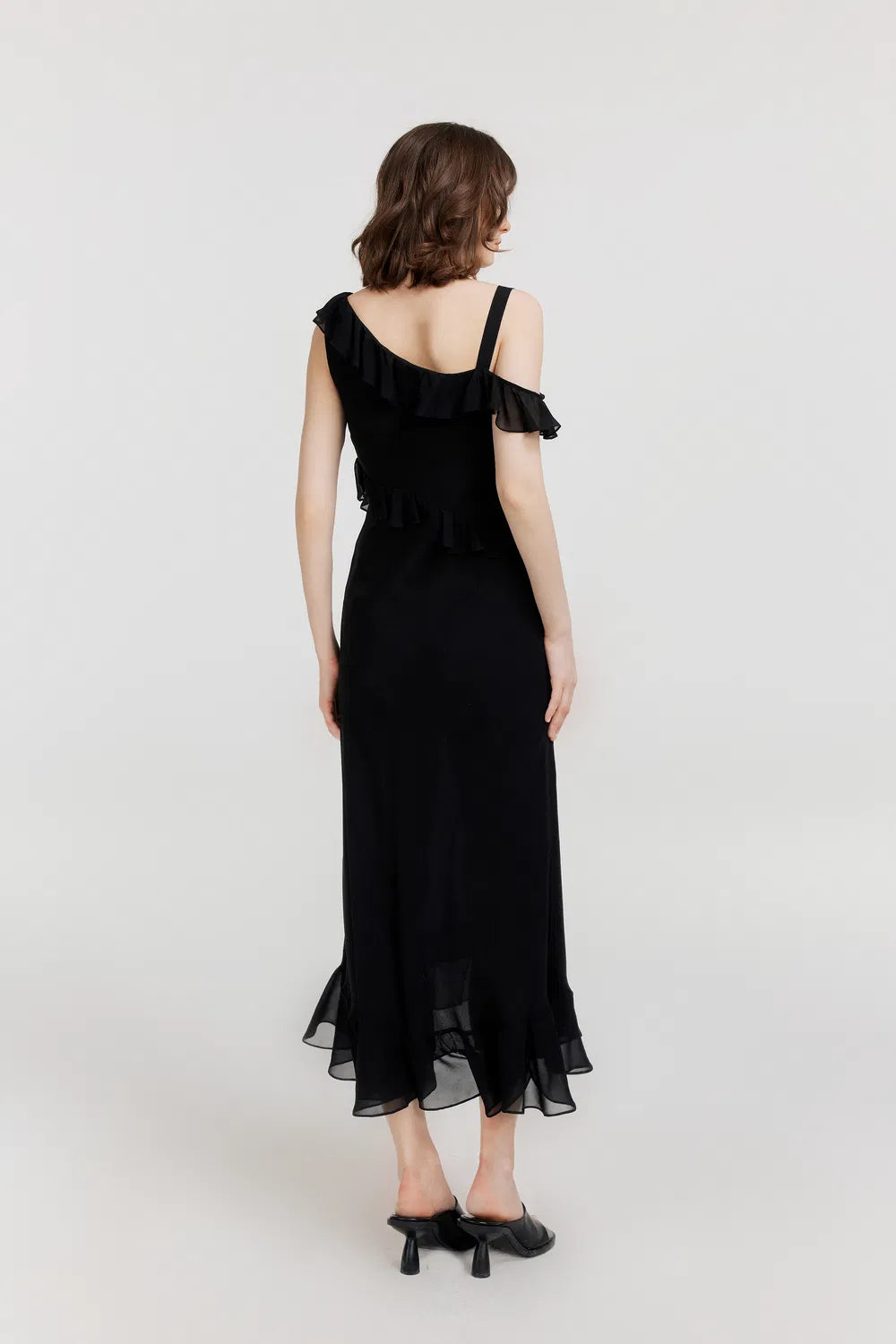 Calla Asymmetrical Ruffle Dress in Georgette Silk