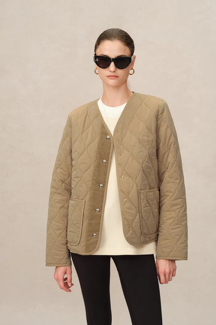 Olivia Khaki Cropped Lightweight Puffer Jacket in High-Density Water-Repellent Fabric