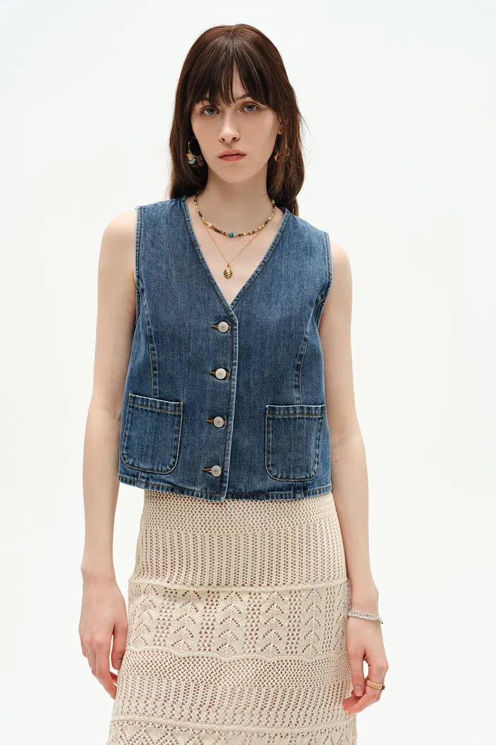 Vesper V Neck Sleeveless Vest Top in Cotton Denim