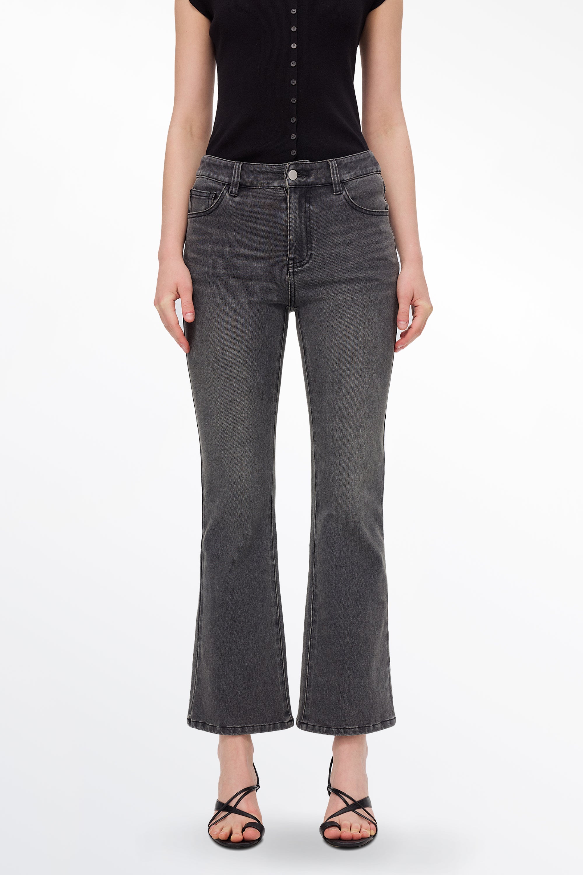 Nora Cropped Bell Bottom Jeans in Cotton Blend Denim