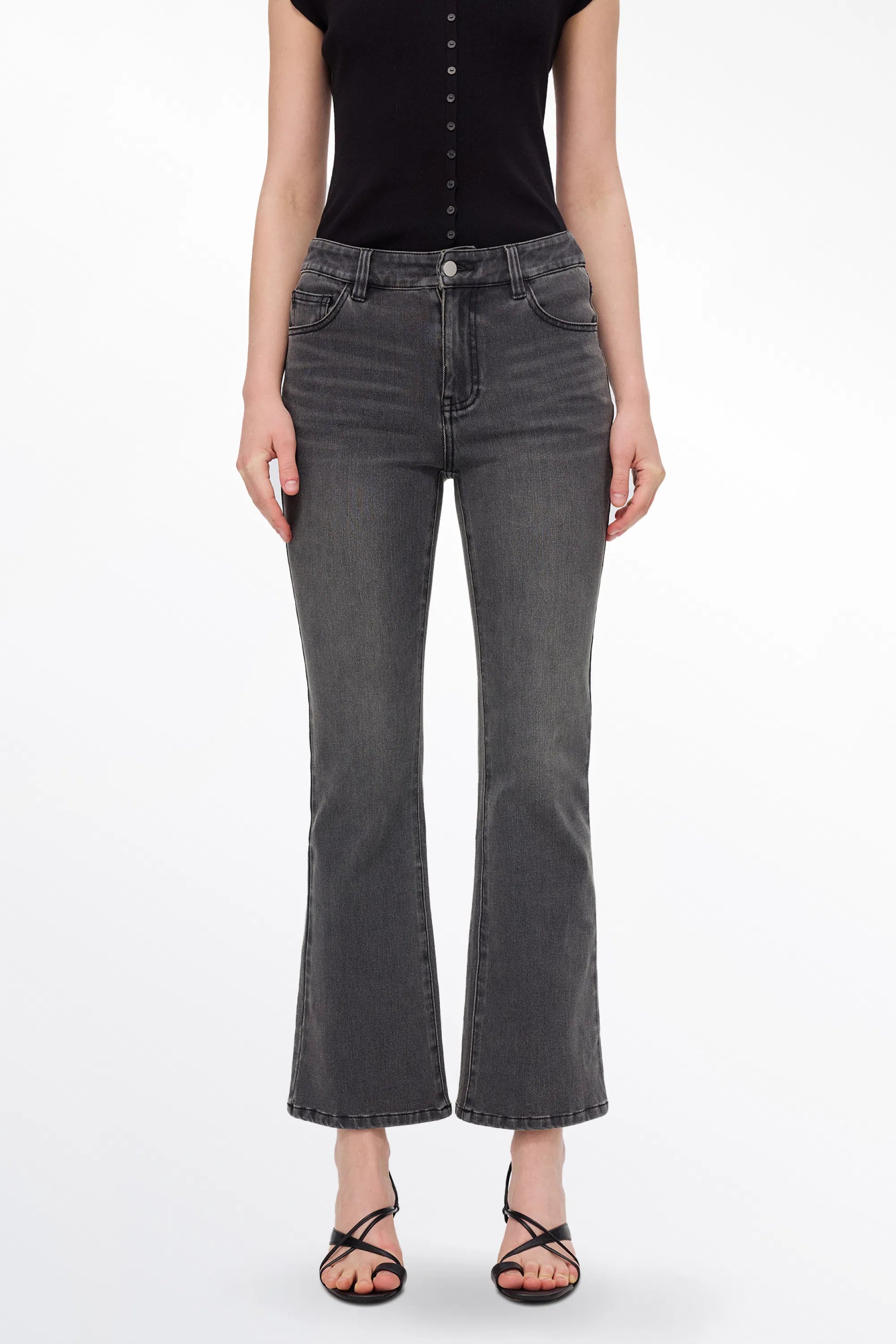 Nora Cropped Bell Bottom Jeans in Cotton Blend Denim