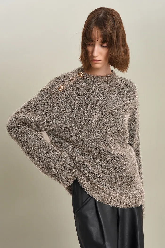 Eva Asymmetric Metallic Sweater in Lurex Blend Knit