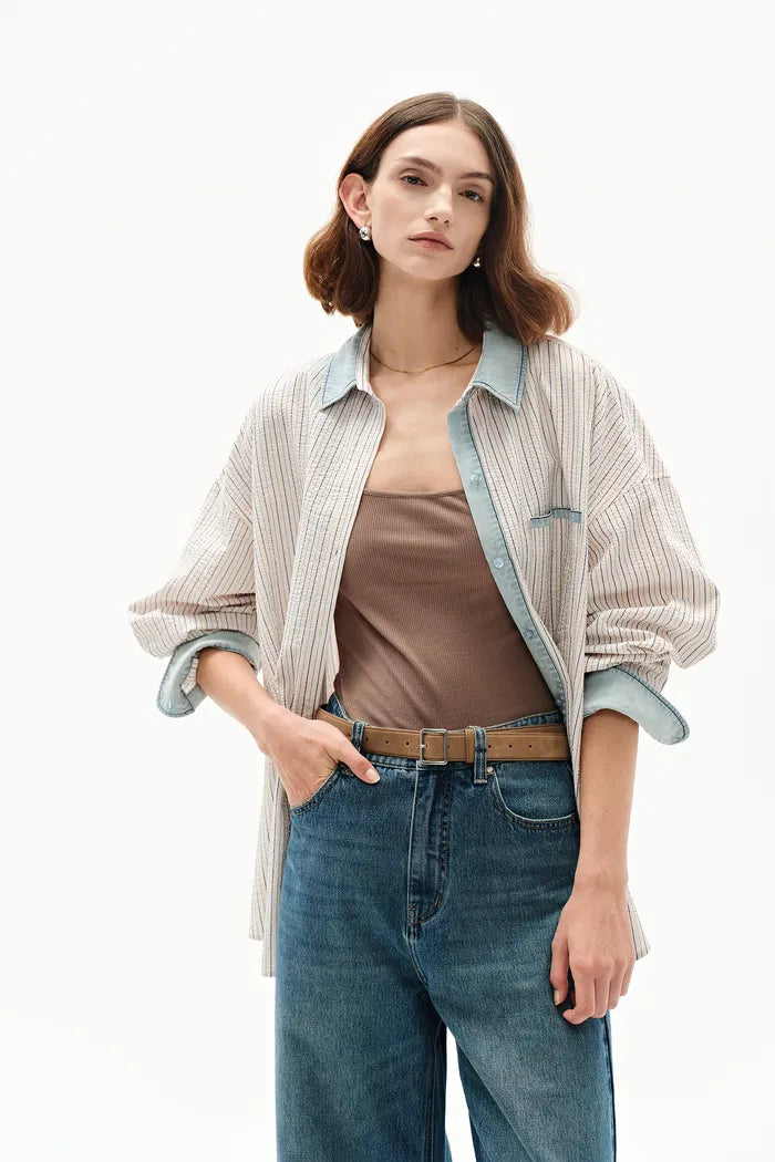 Daisy Denim Collar Striped Shirt in Cotton Seersucker