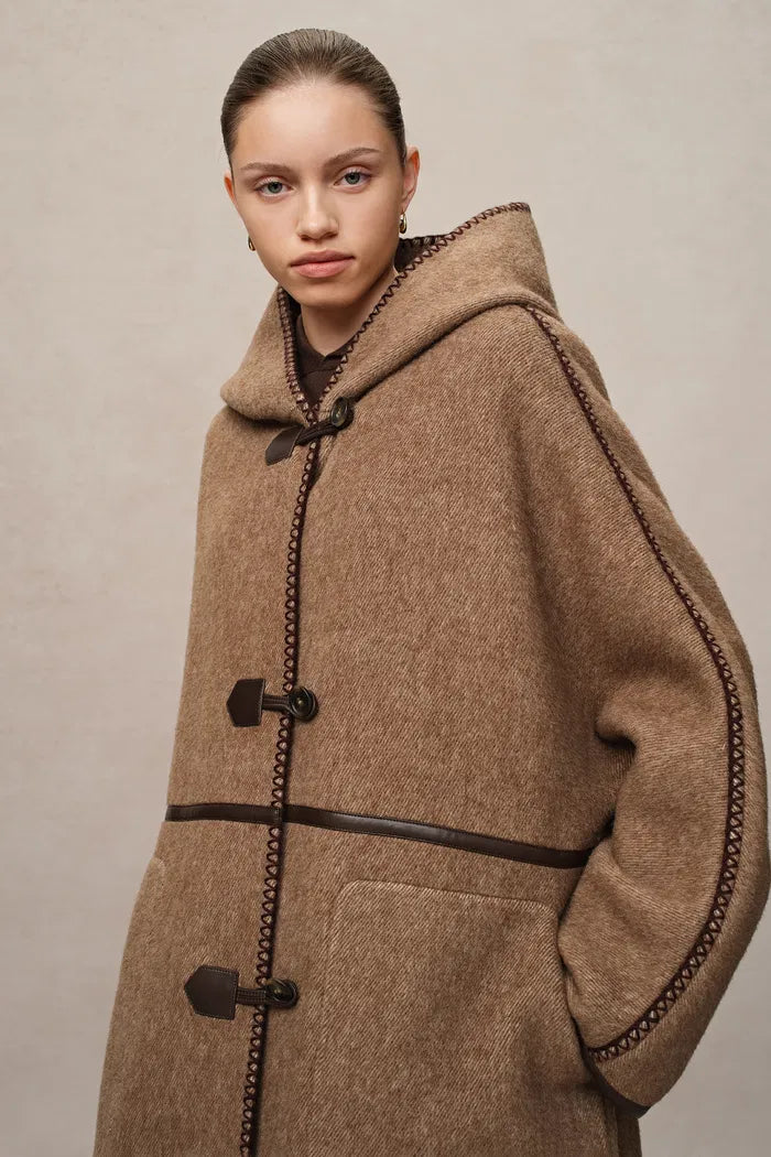 Paletot Inspired Overlock Stitch Hooded Coat in Merino Wool-Camel Hair