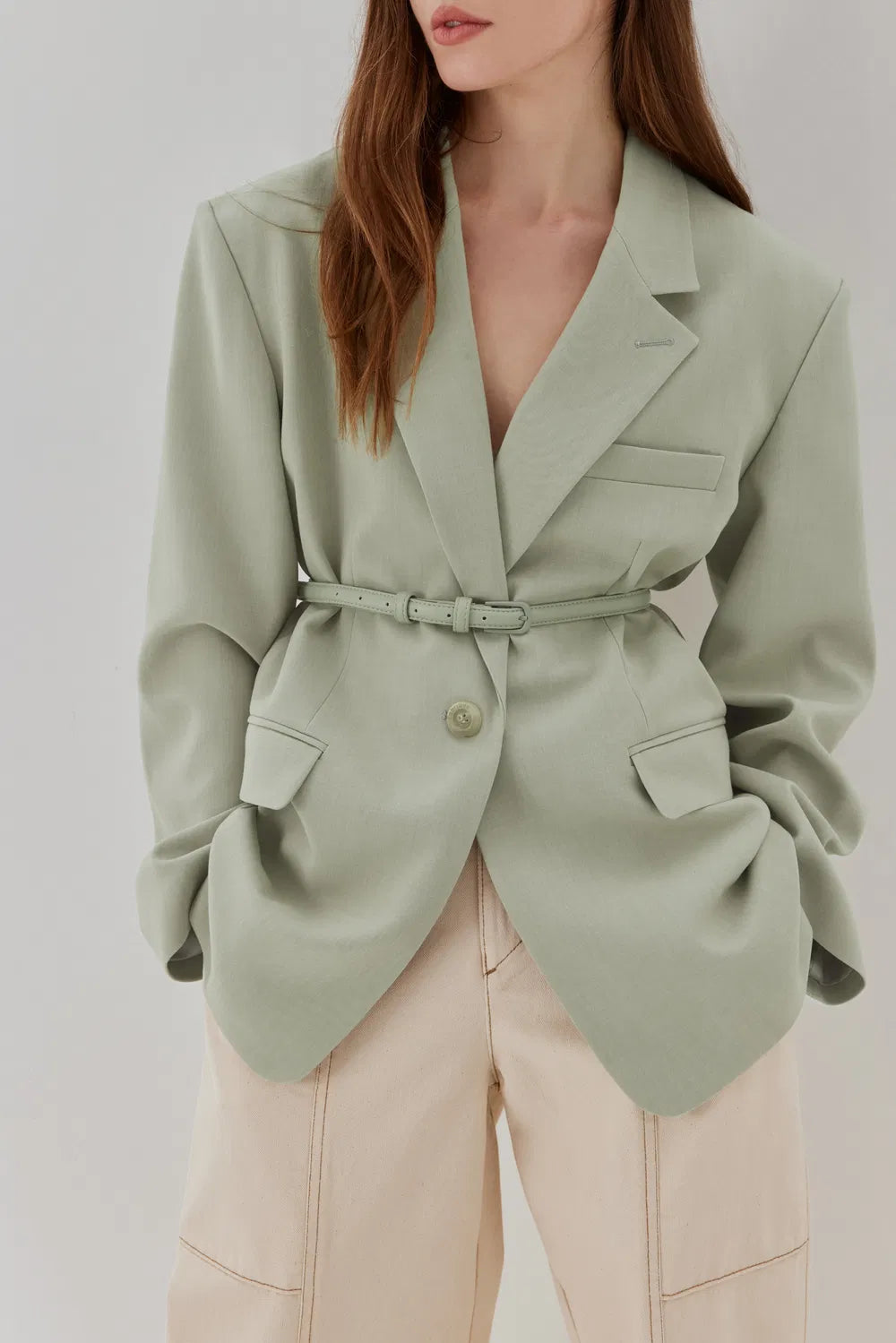 Creamy Green Detachable Belt Blazer