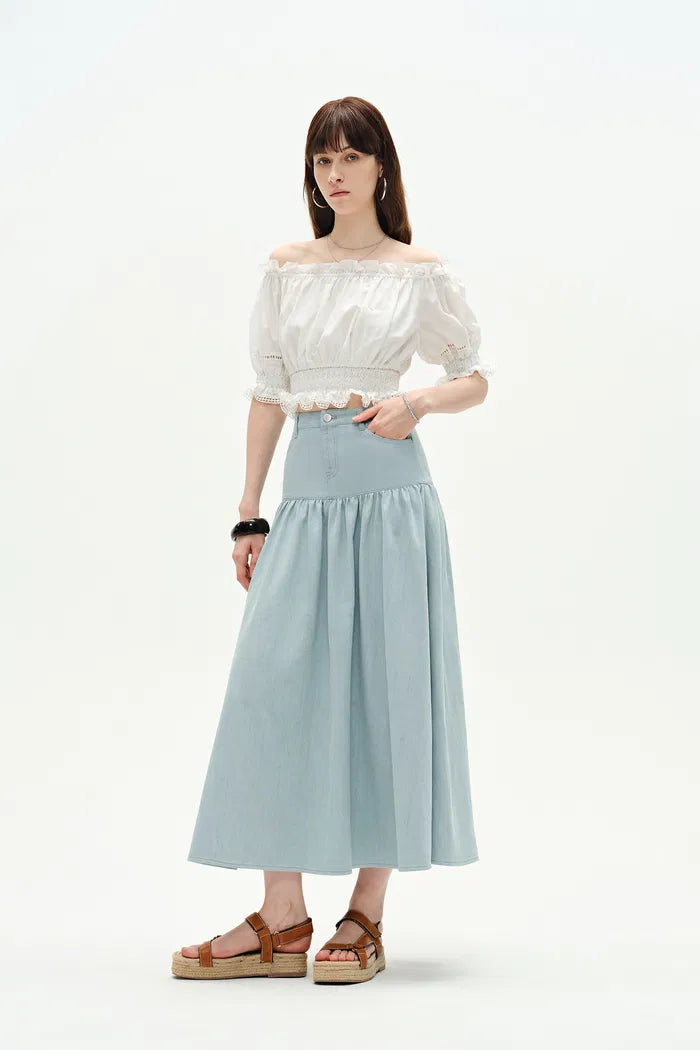 Rose Pleated Denim Skirt in Summer Denim