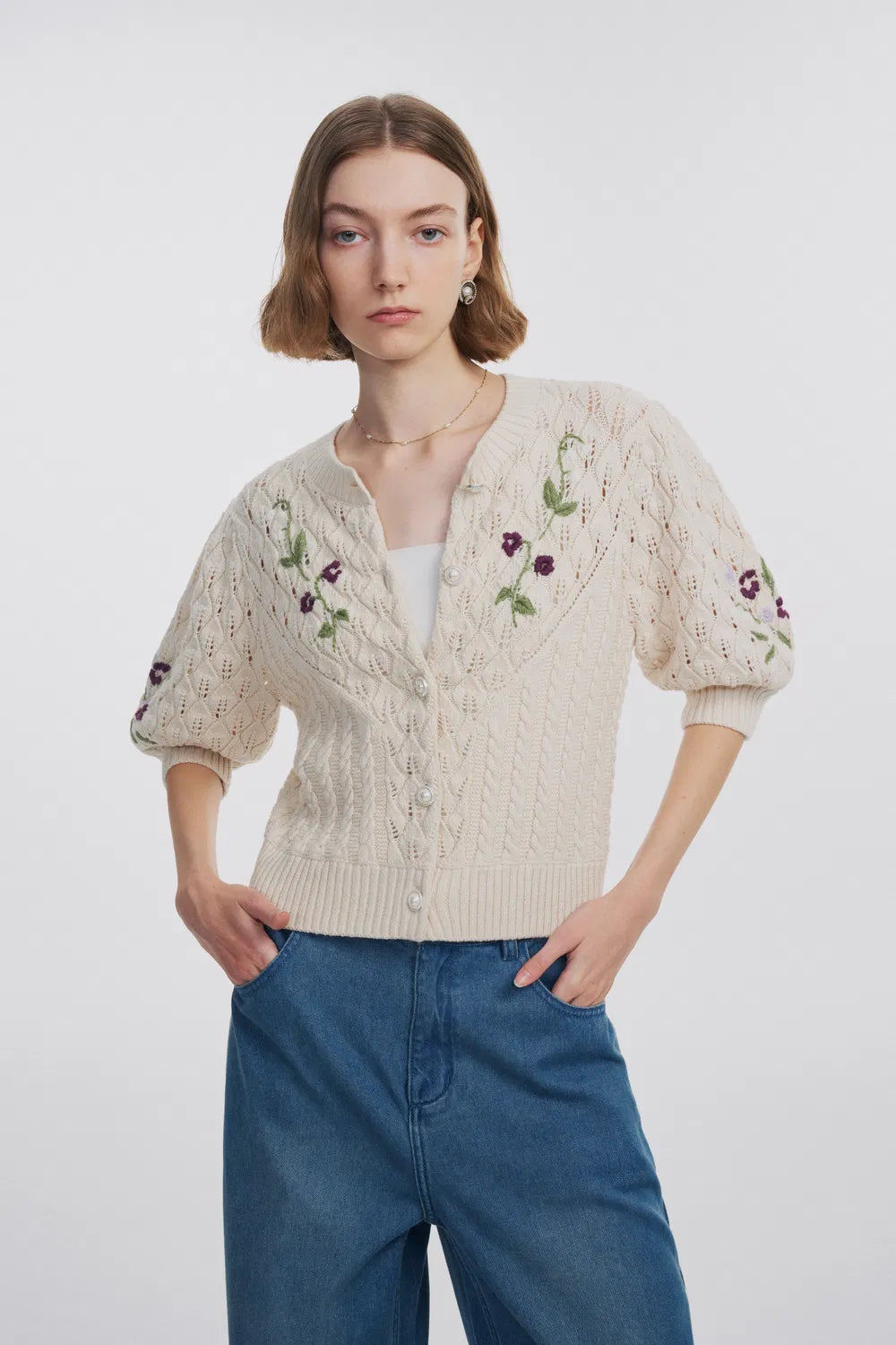 Ashe Hand-Embroidered Knit Cardigan in Wool Blend