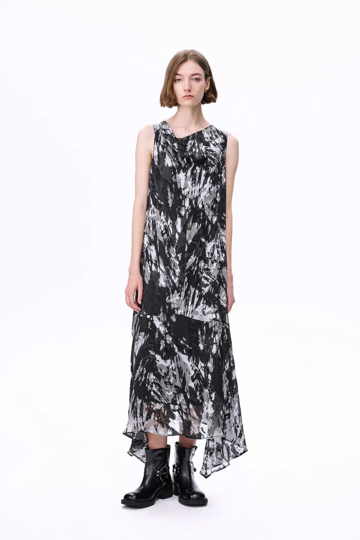 Sato Printed Cowl Neck Dress in Devoré Silk