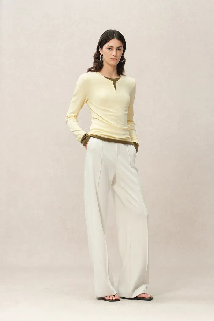 Maya Yellow and Brown Layered Look Long Sleeve Top in Tencel-Merino Tech