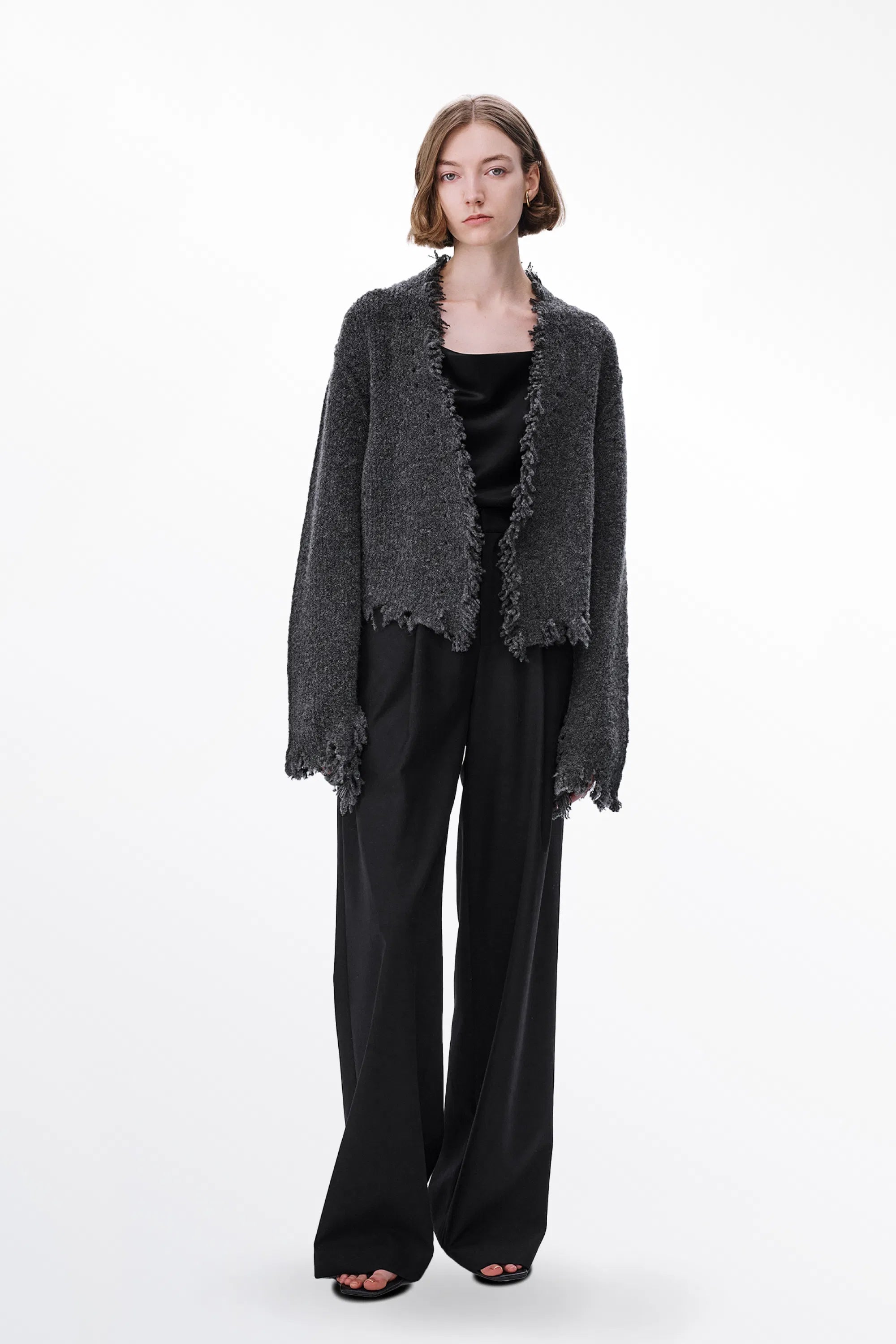 Vela Frayed Edge Open Cardigan in Wool Loop Knit