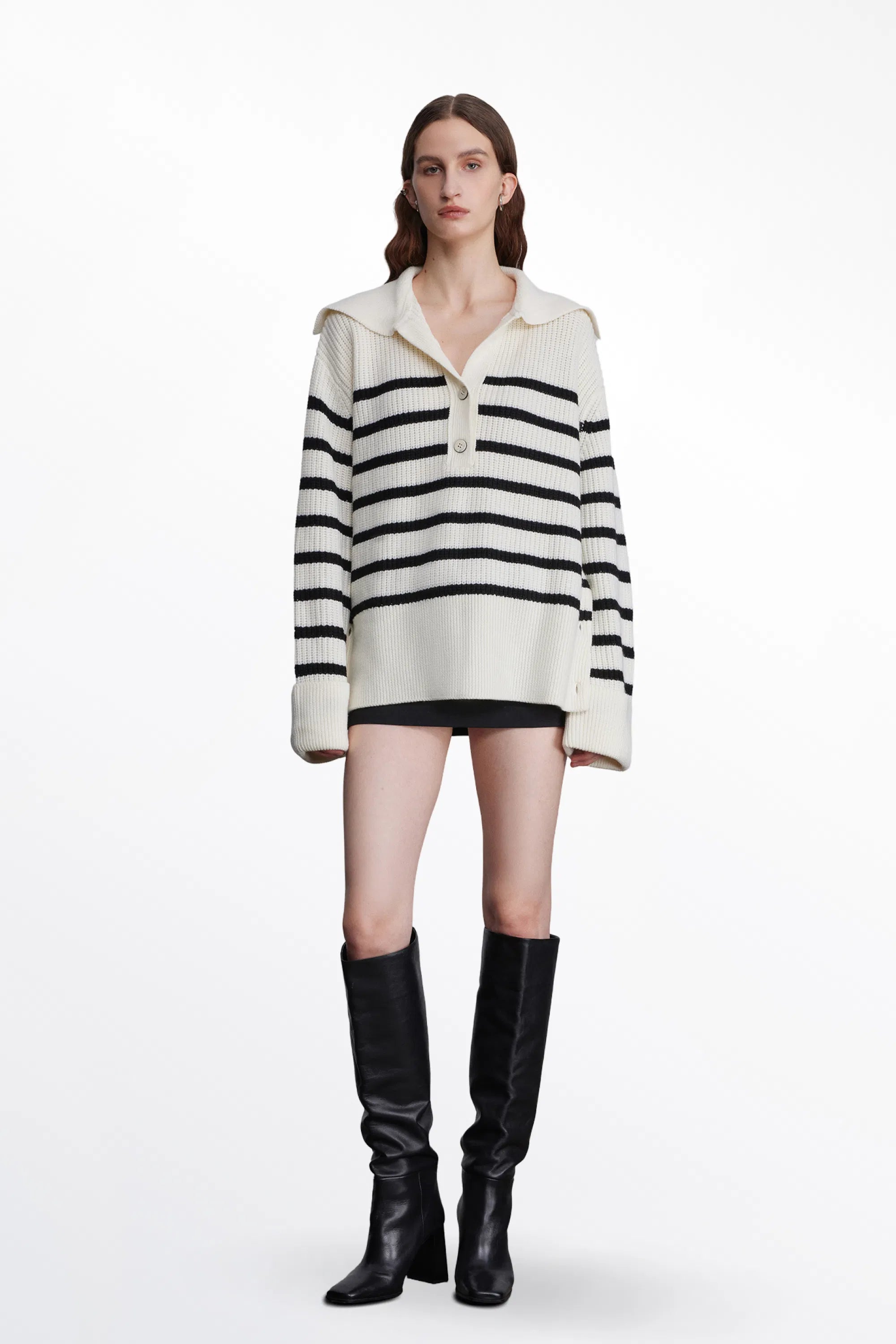 Shelley Striped Oversized Collar Sweater in Wool Knit