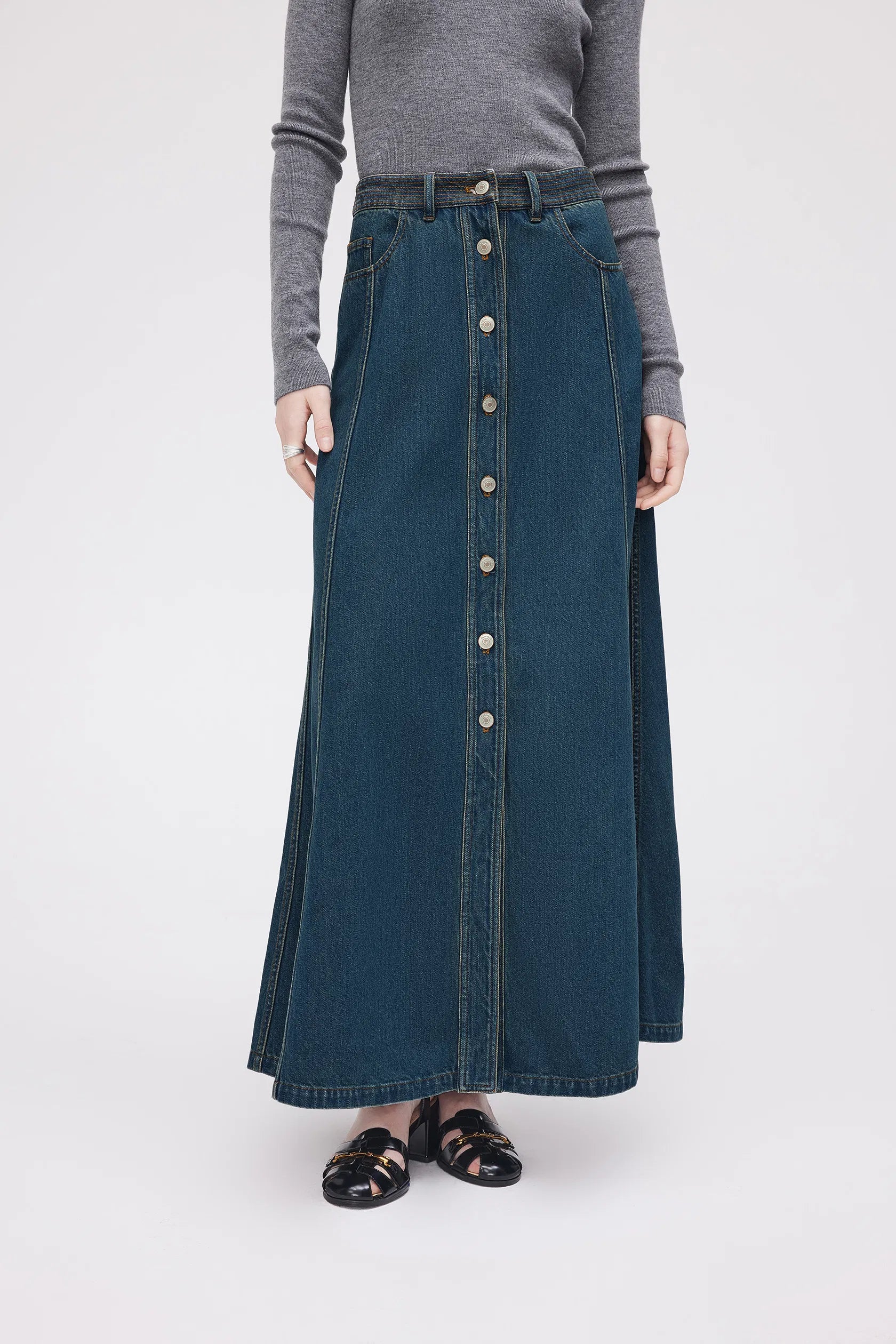 Bailey Pocketed Skirt in Washed Cotton Denim