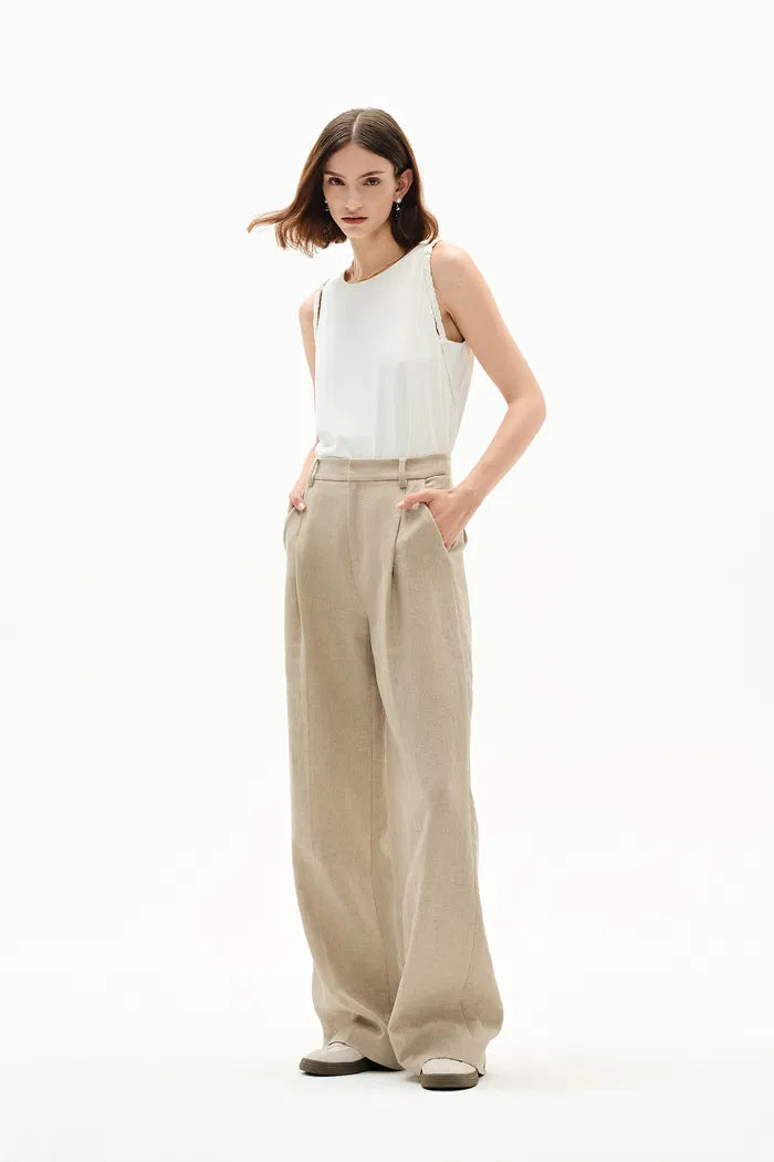 Troy Front Pleated Wide Leg Suit Pants in in Dew Retted French Linen