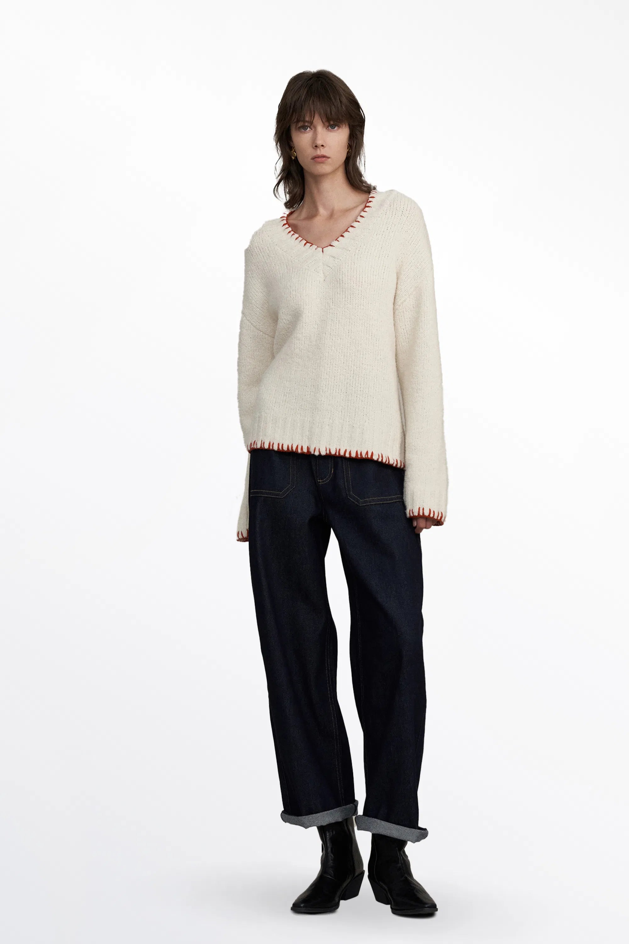 Inna Embroidered Trim Sweater in Wool Bouclé Knit