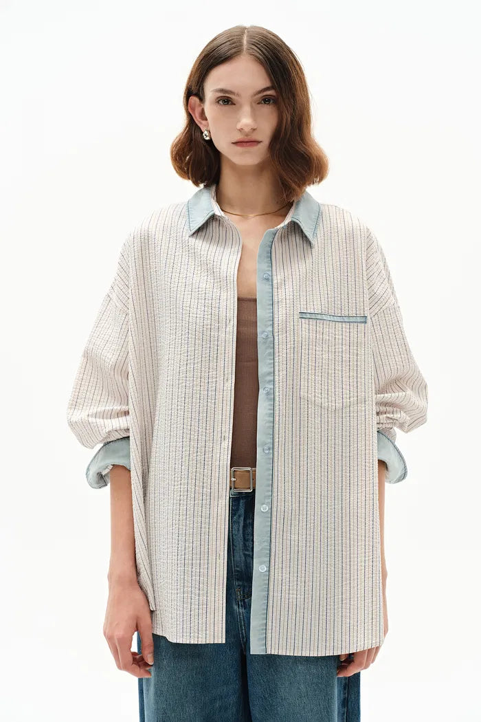 Daisy Denim Collar Striped Shirt in Cotton Seersucker