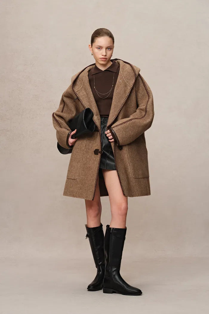 Paletot Inspired Overlock Stitch Hooded Coat in Merino Wool-Camel Hair