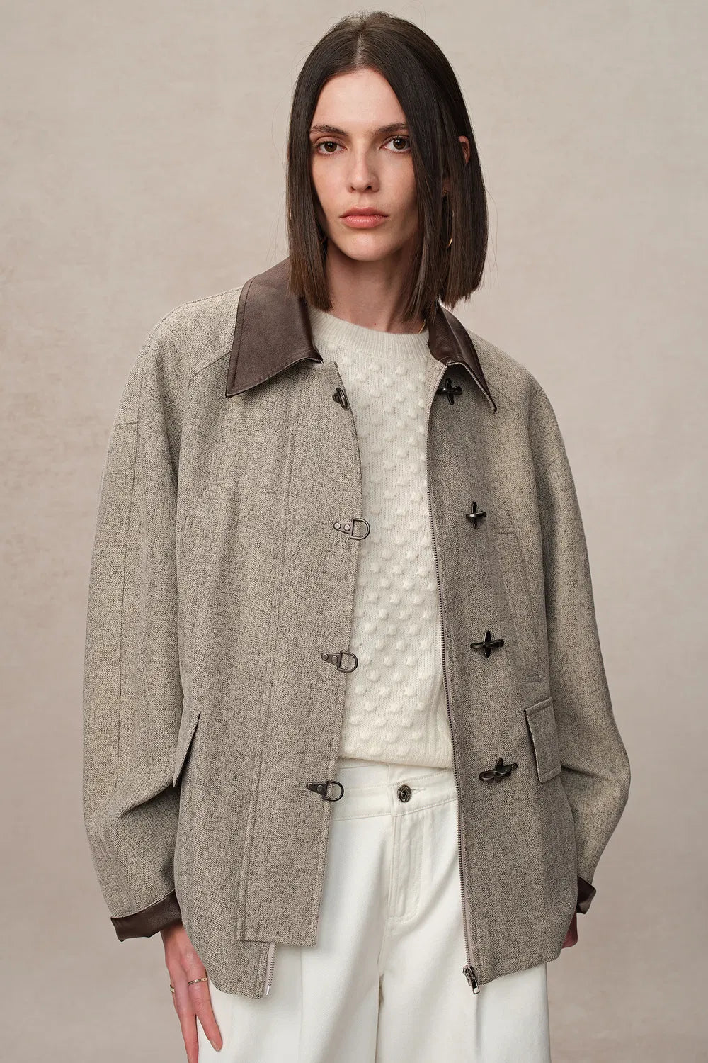 Boxy Style Utility Jacket in Heathered Herringbone