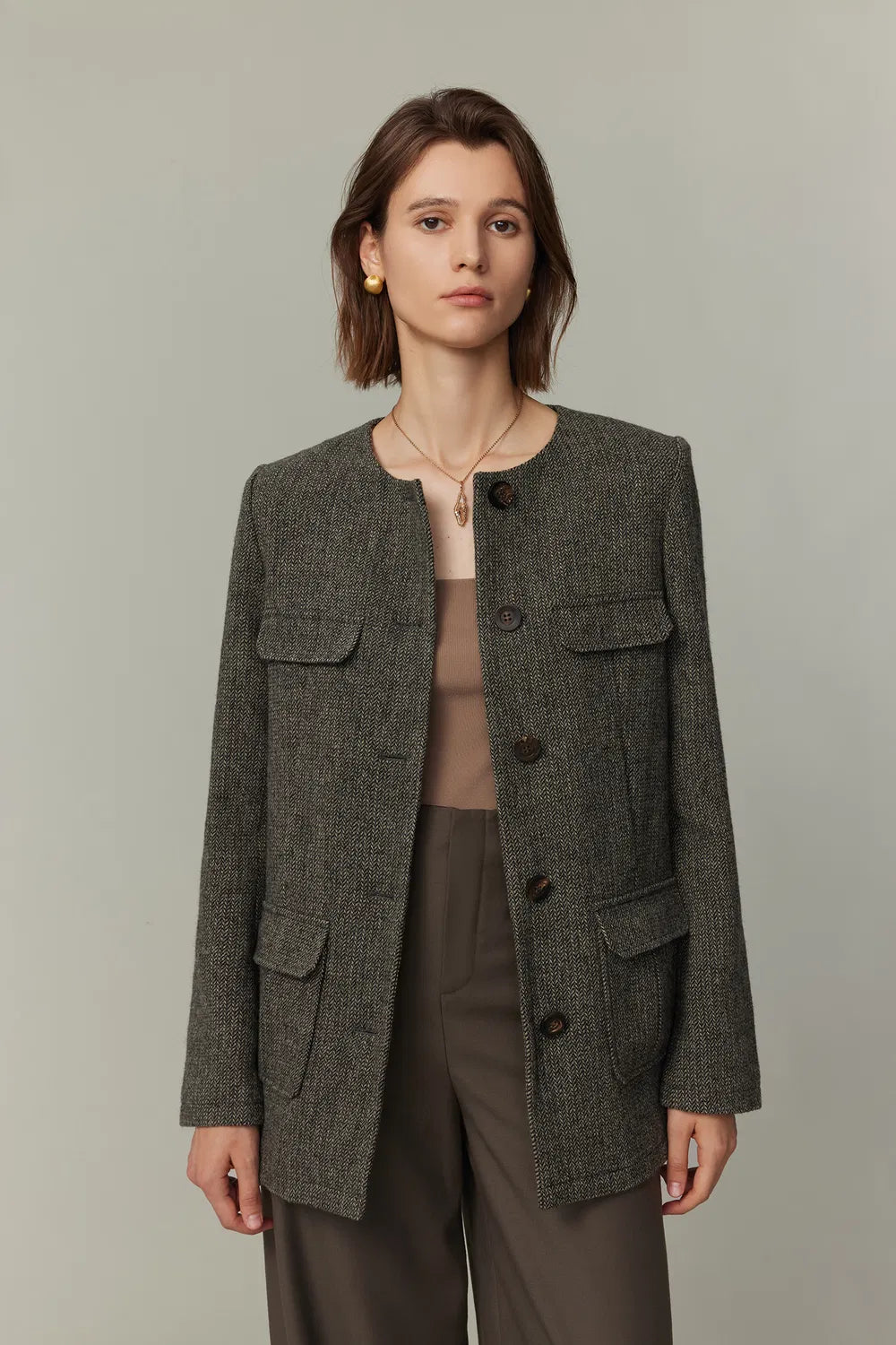 Lyudmila Safari Pockets Blazer in Wool Herringbone