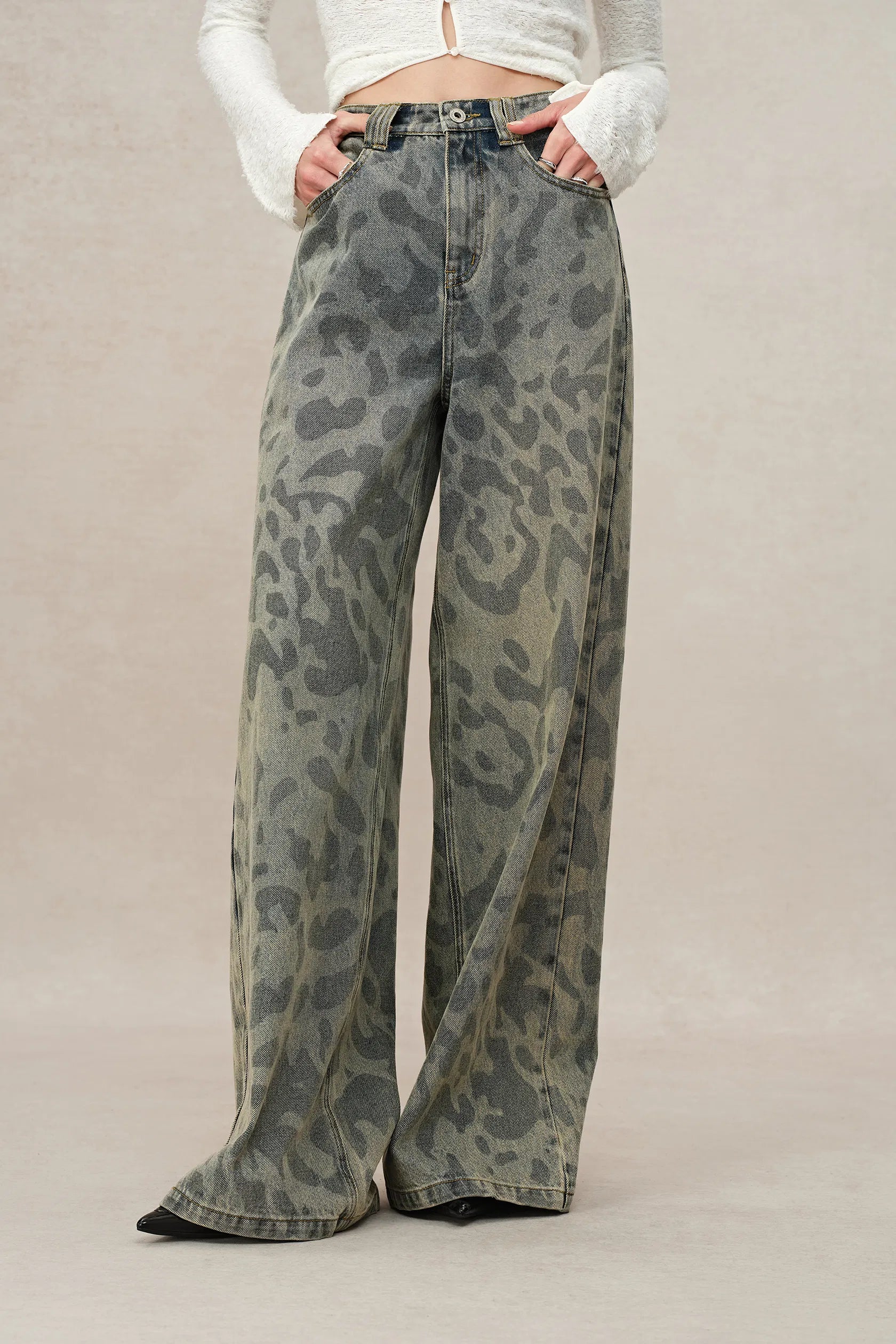 Leopix Leopard Print Wide Leg Jeans In Washed Cotton Denim