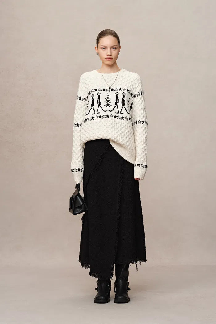 Star Walker White Fair Isle Pullover in Viscose Wool Pom-Pom Yarn Knit