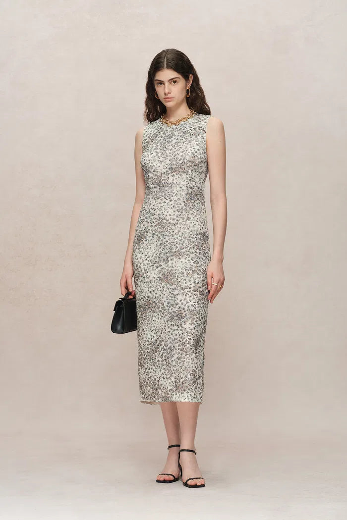 Leopard Handstitched Sequin Midi Dress in Stretch Sequin Mesh