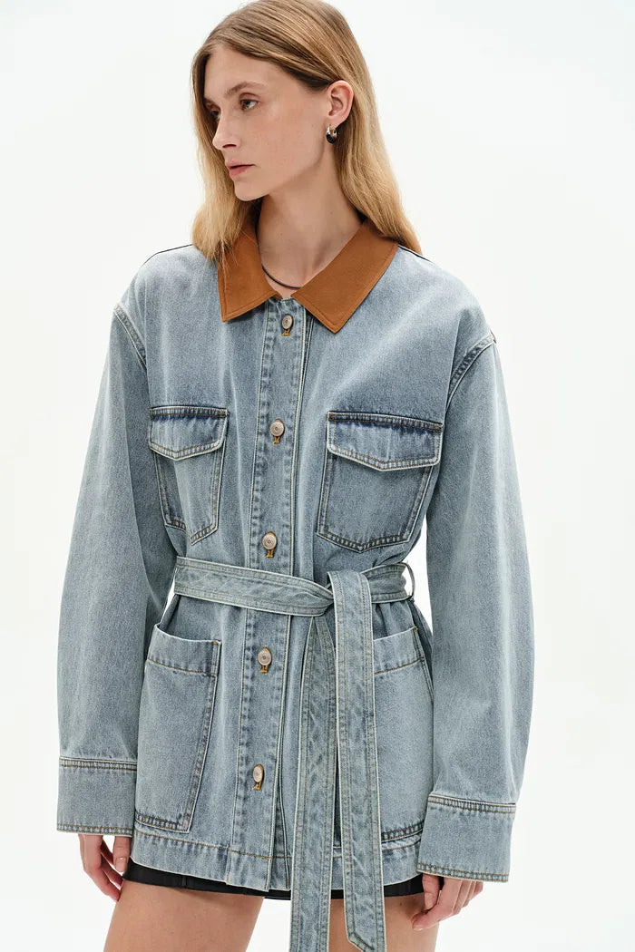 Luca Contrast Collar Lightweight Jacket in Cotton Denim