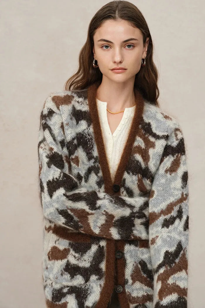 Fera Leopard Jacquard Cardigan in Kid Mohair-Wool Blend Knit