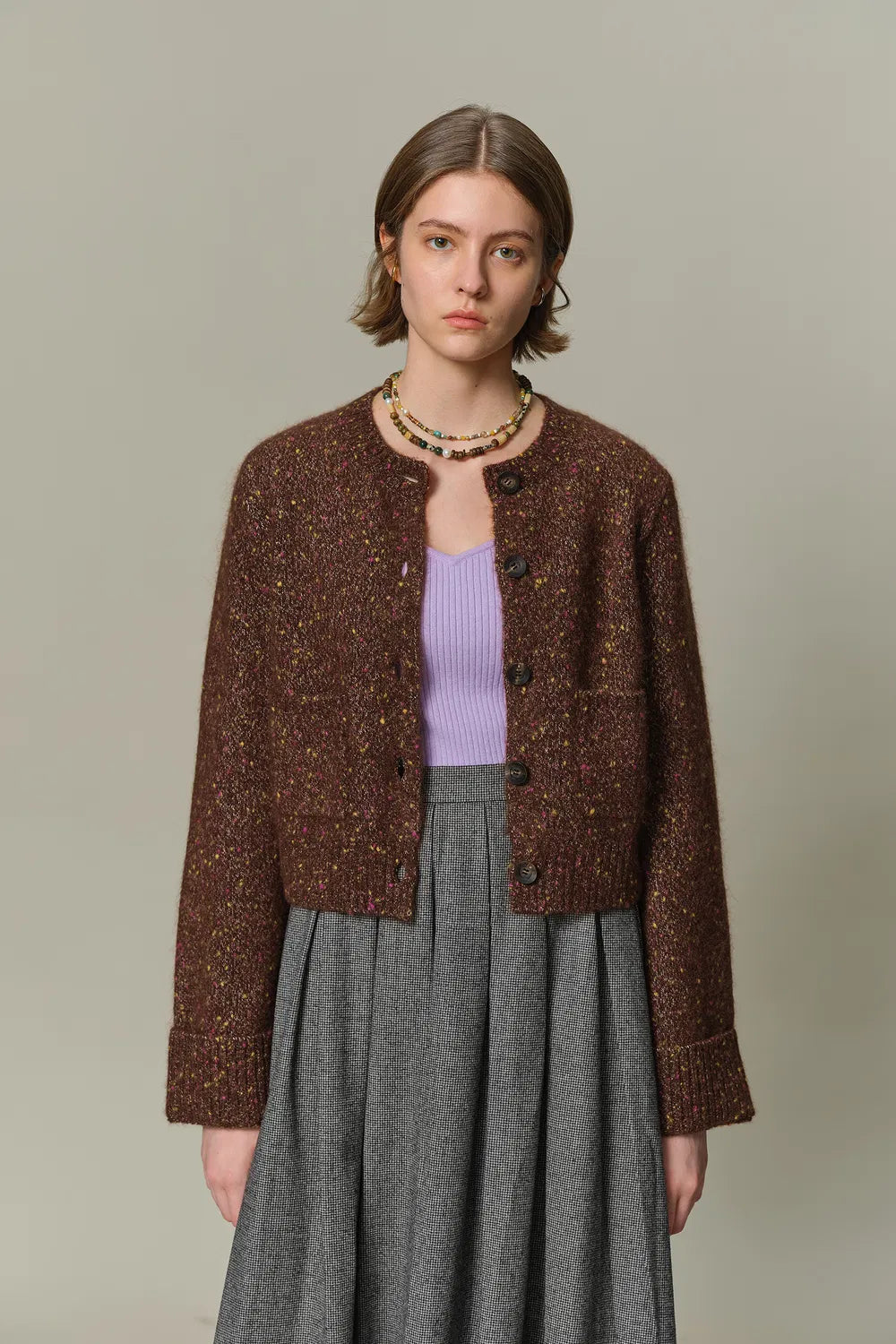 Natalie Knit Cardigan in Wool Speckled Yarn