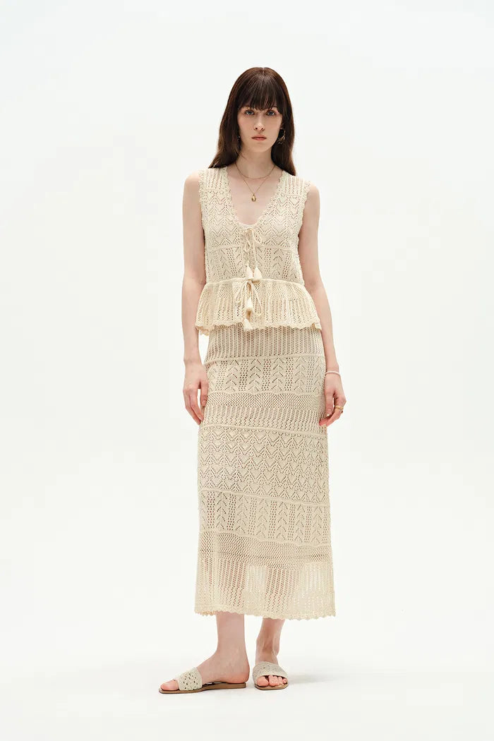 Grazia Sleeveless Ruffled Hem Top and Skirt Set in Linen Blend Knit