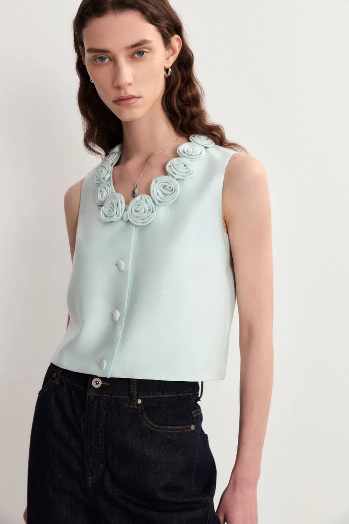 Loira 3D Handmade Floral Vest Top in Silk-Wool Satin