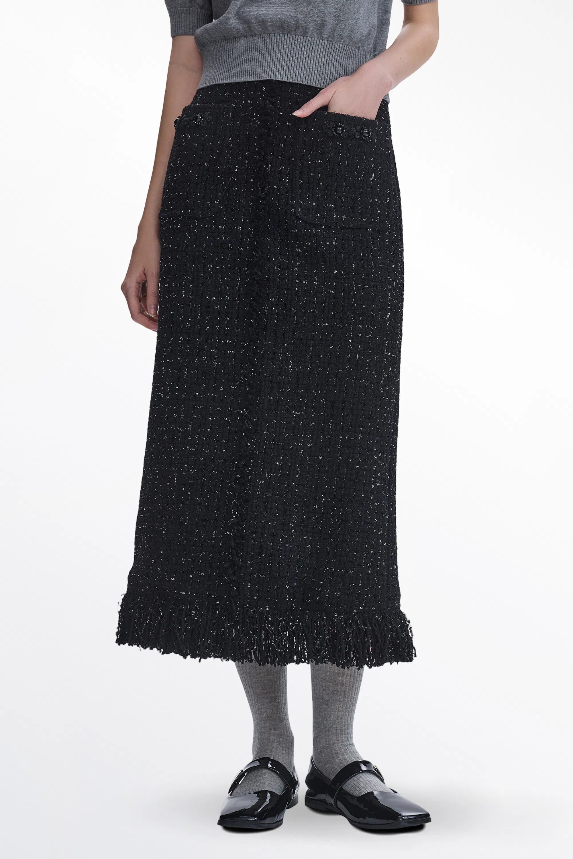 Orchidée Fringe Midi Skirt in Wool-Lurex Tweed