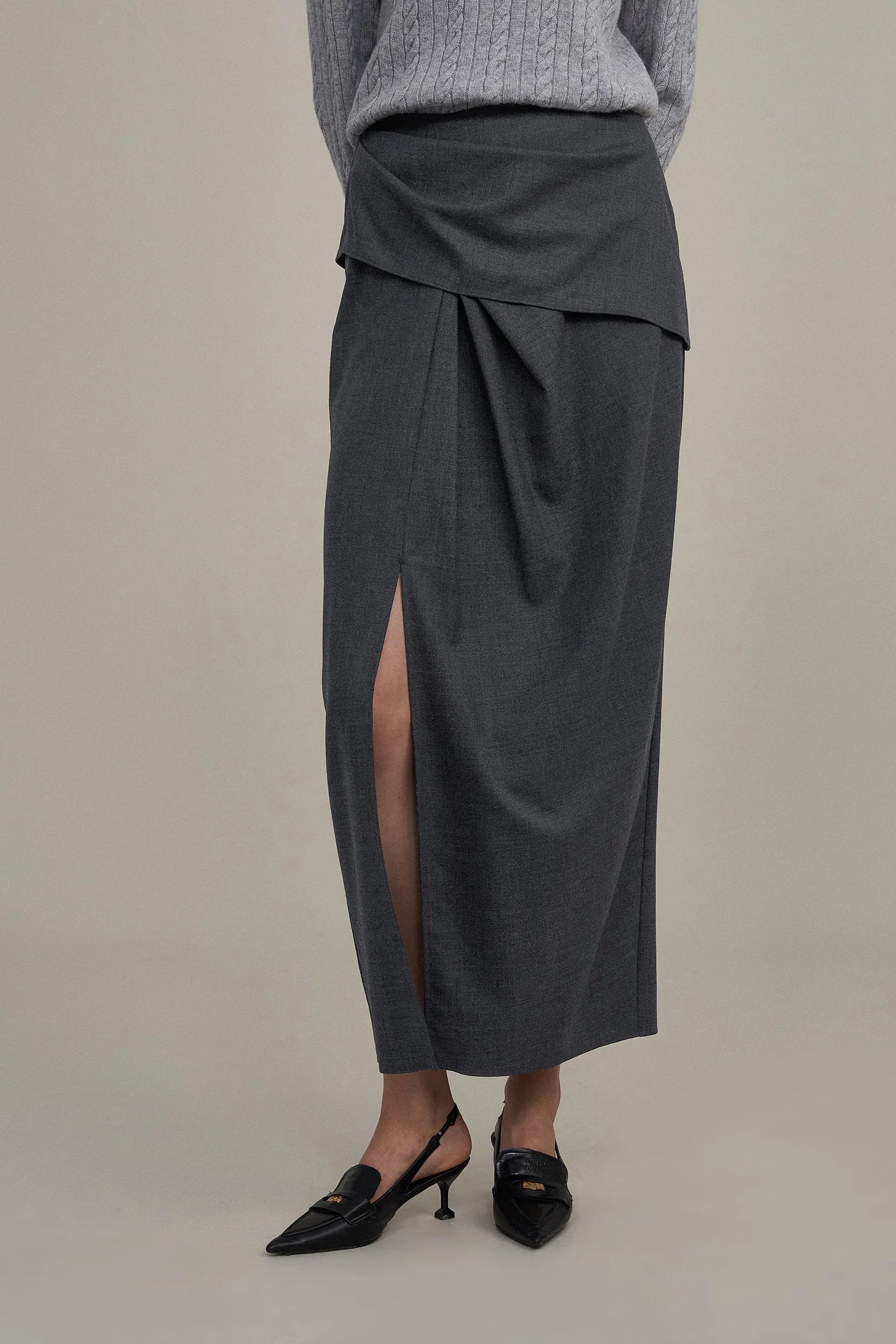 Leona Pleated High Slit Midi Skirt in Fine Worsted Wool