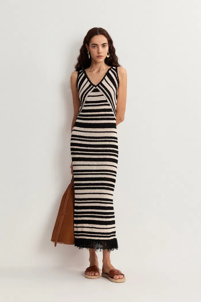 Kari Handmade Tassels Striped Dress in Cotton Knit