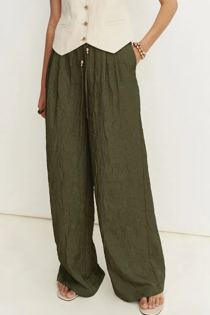 Louise Textured Loose Boho Pants in Wrinkled Satin