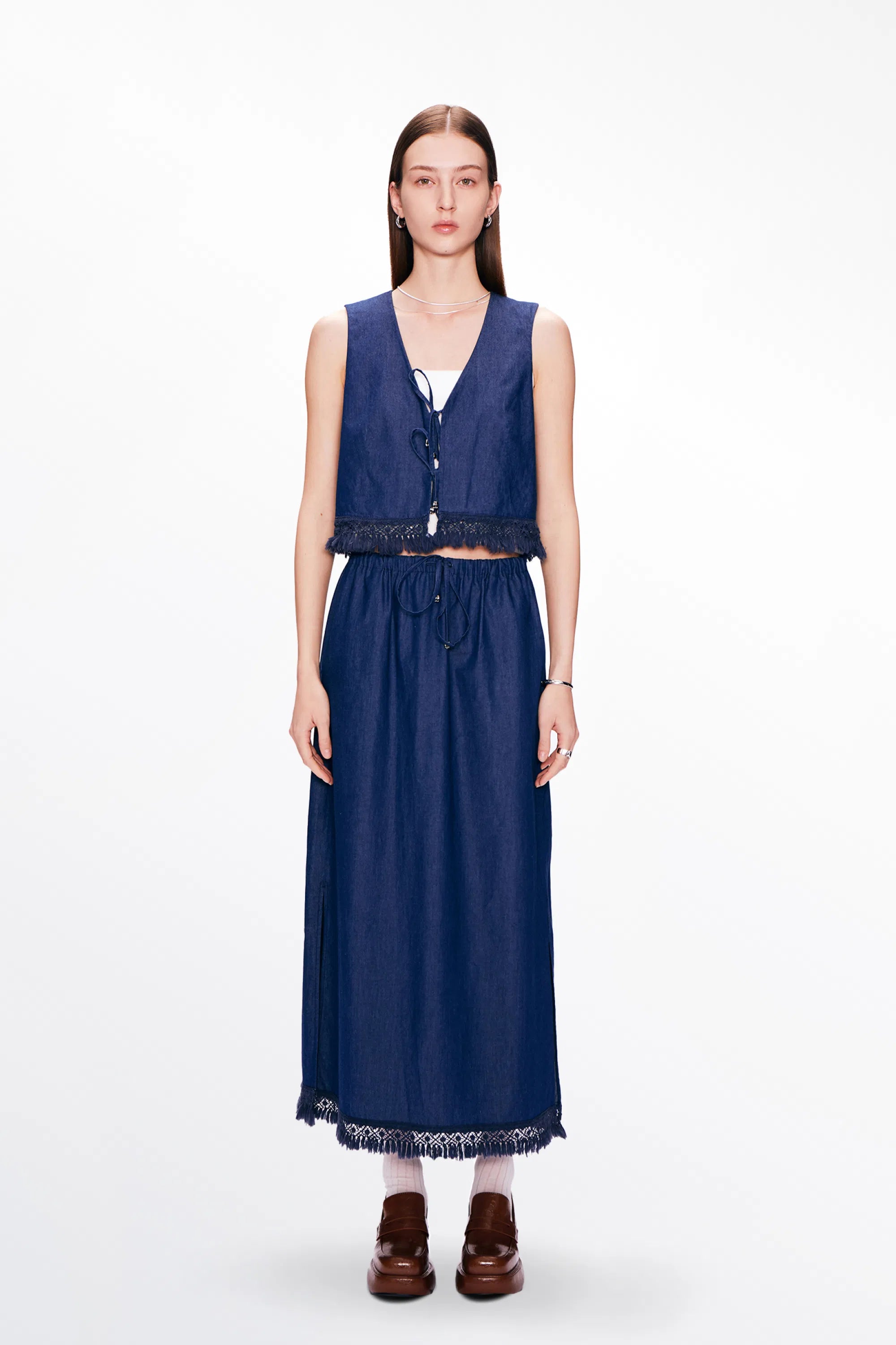 Velia Handcrafted Tassel Vest and Skirt Set in Cotton Denim