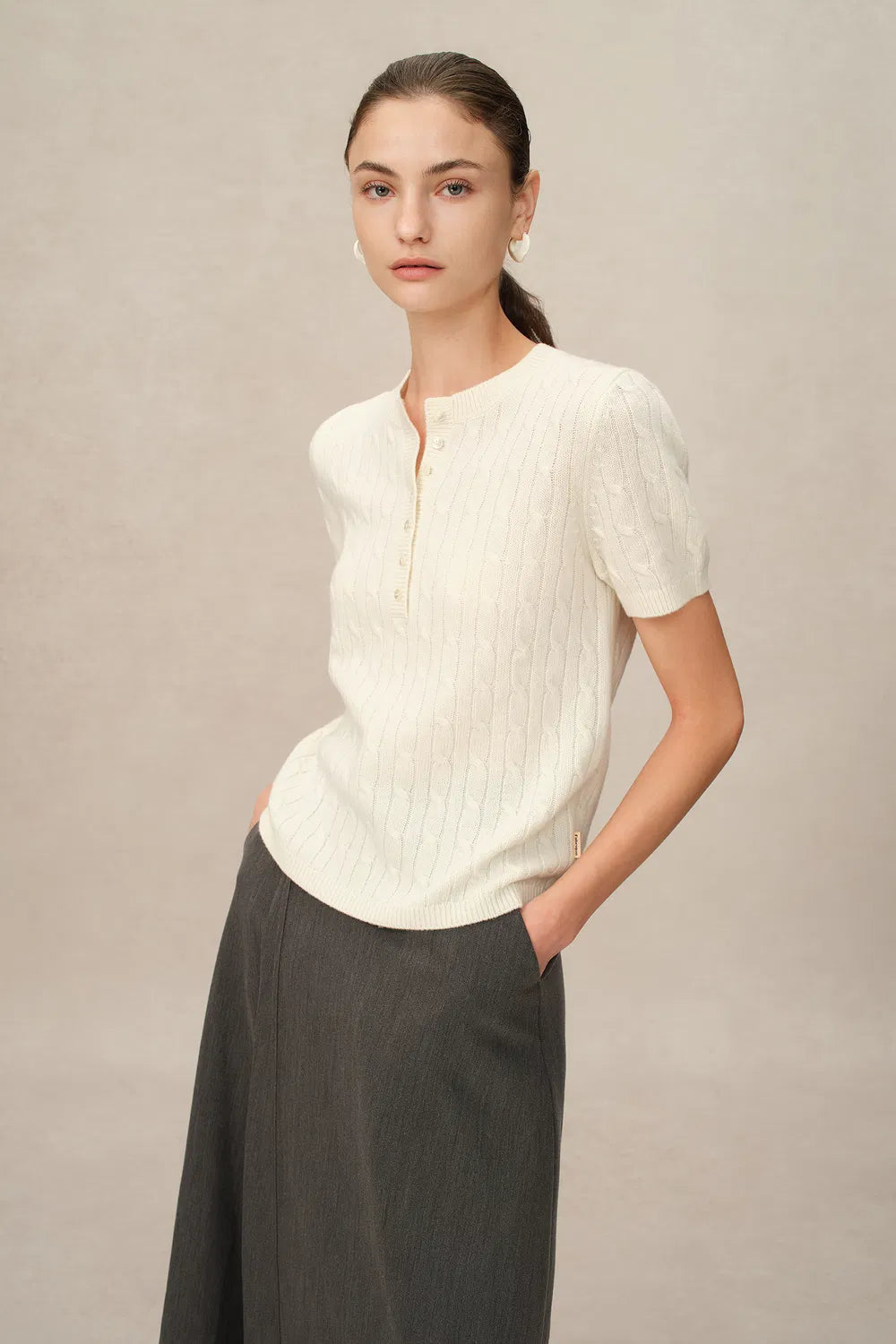 Fate Cable Henley Sweater in Merino-Cashmere Blend