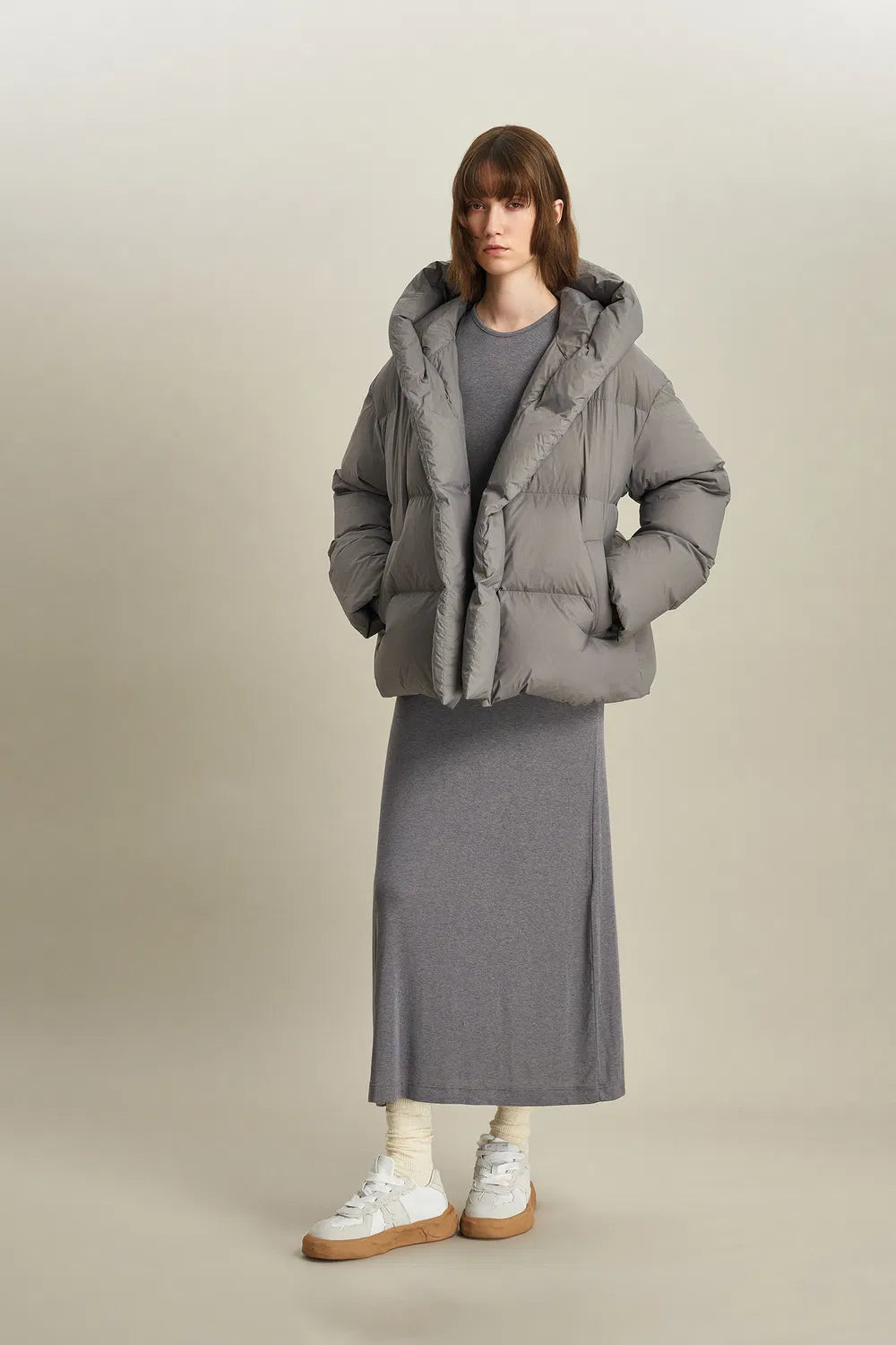 Iliana Gray Belted Hooded White Duck Down Jacket in Ultra Light Fabric