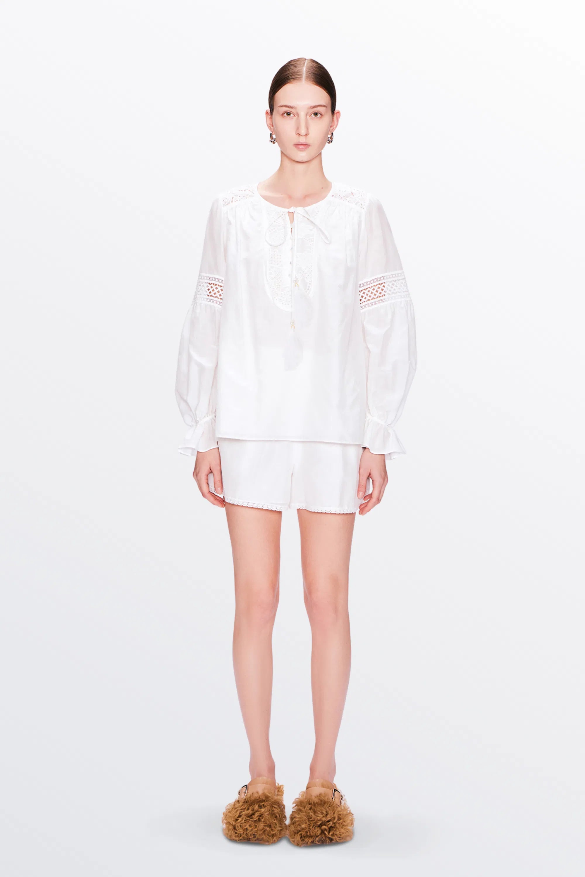 Bea Embroidered Blouse and Shorts Set in Silk Cotton Blend