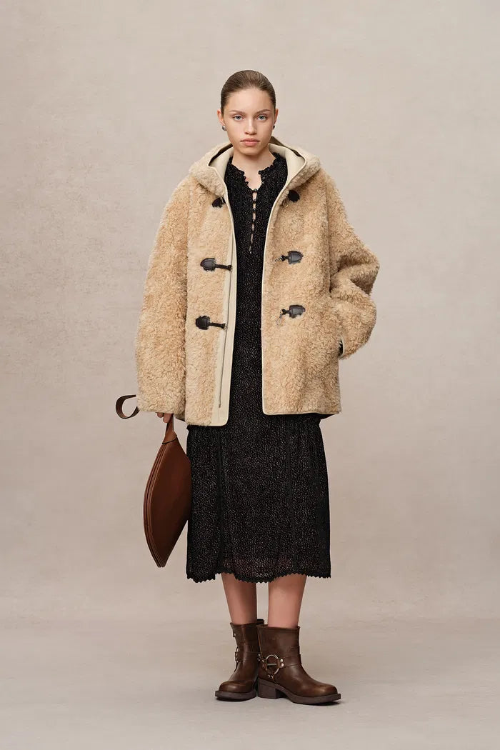 Clémence Semi Oversized Hooded Sherpa Short Coat in Wool Blend