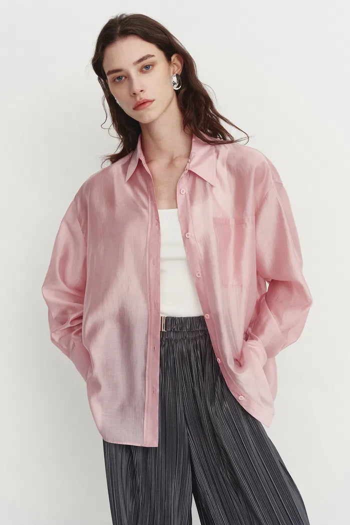 Bella Pink Sheer Button-Up Shirt in Organza