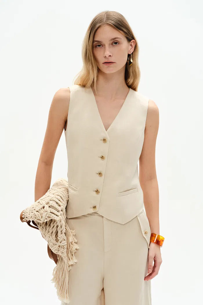 Evelyn Adjustable Back Belt Vest in Silk Linen