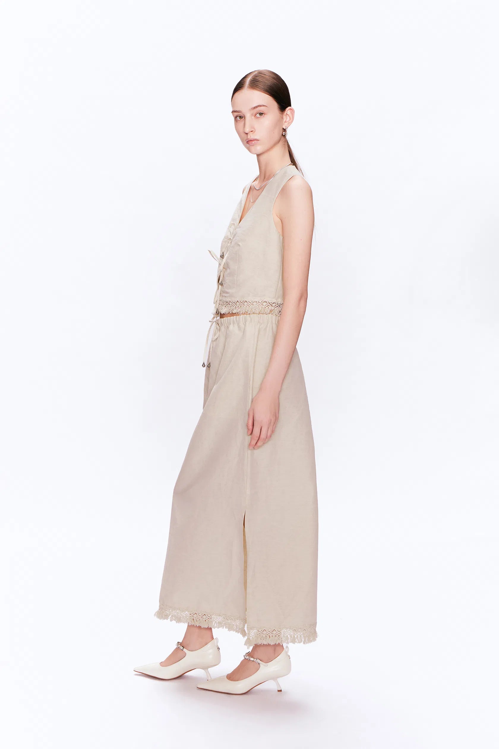 Velia Handcrafted Tassel Vest and Skirt Set in Linen Blend