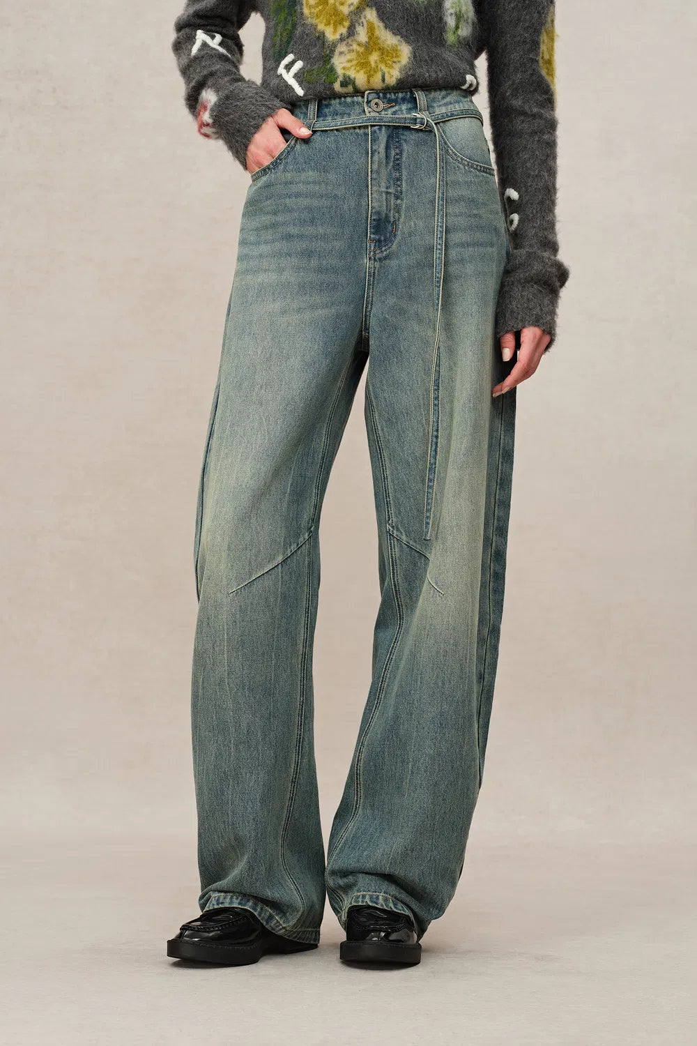 Skylar Denim Tie Belted Barrel Leg Jeans in Washed Cotton Denim