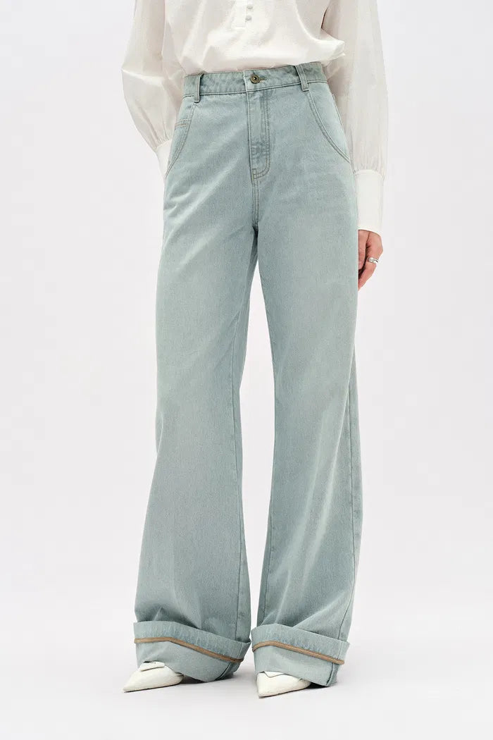 Nîmes Embroidered Wide Leg Jeans in Cotton Denim