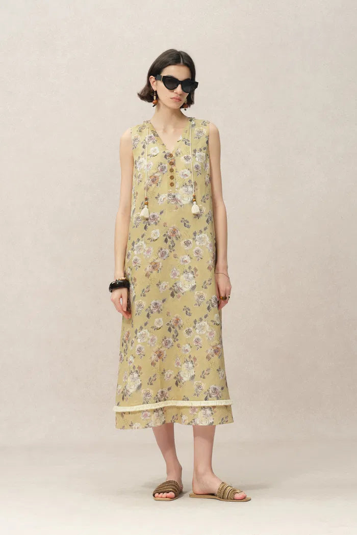 Sienna V Neck Flora Print Dress in Linen